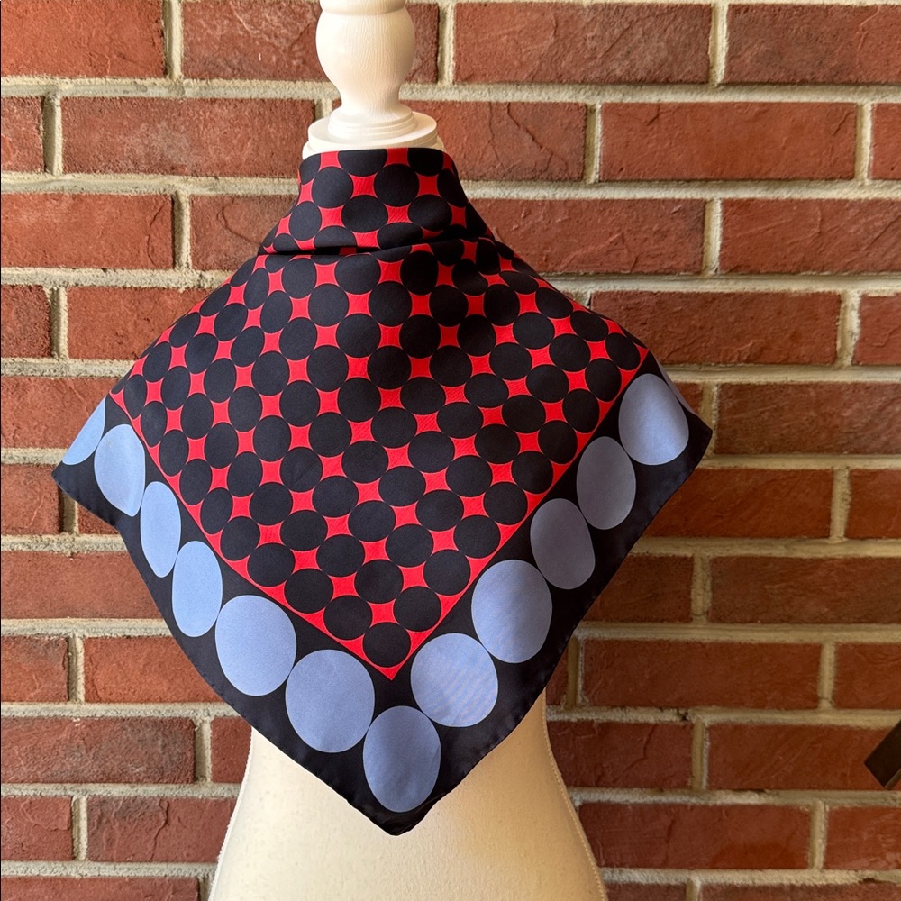 Geometric Polka Dot Silk Scarf - Black, Red,Light Blue 26”x27” Made in Italy